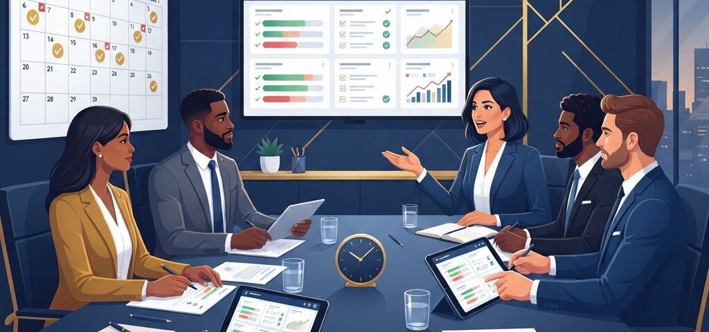 Accountability rhythm — executive team reviewing E&A scorecards around a table