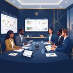 Accountability rhythm — executive team reviewing E&A scorecards around a table