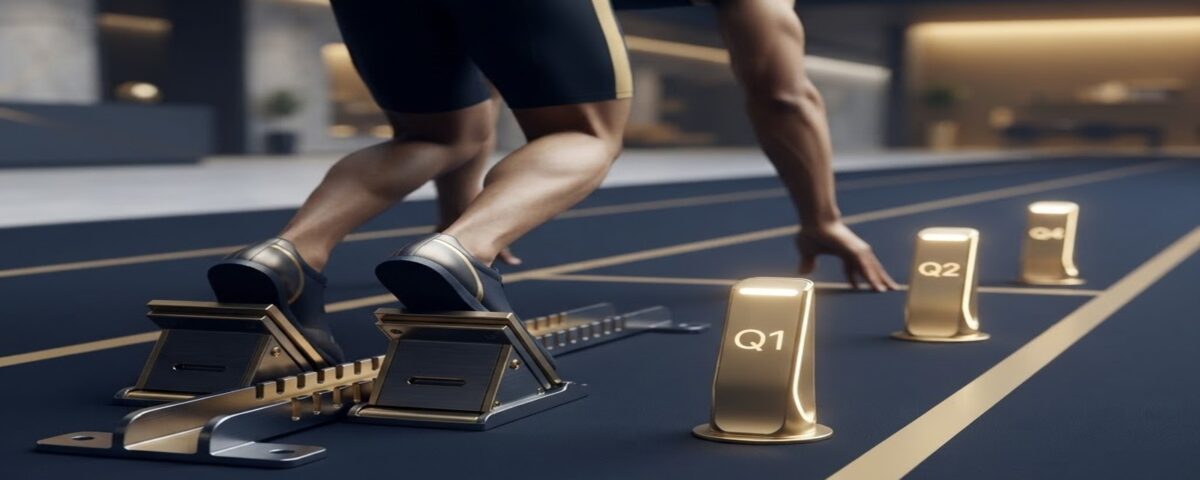A 90-day sprint: starting blocks on a quarterly track with milestone markers, representing how companies convert strategic plans into focused quarterly execution.