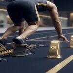 A 90-day sprint: starting blocks on a quarterly track with milestone markers, representing how companies convert strategic plans into focused quarterly execution.