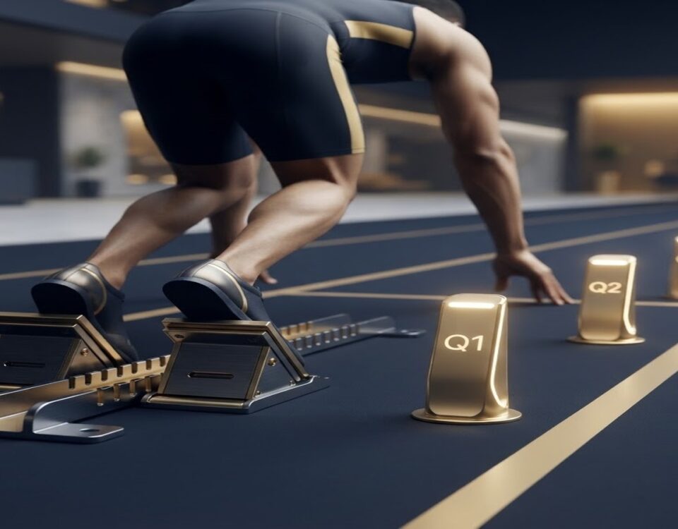 A 90-day sprint: starting blocks on a quarterly track with milestone markers, representing how companies convert strategic plans into focused quarterly execution.
