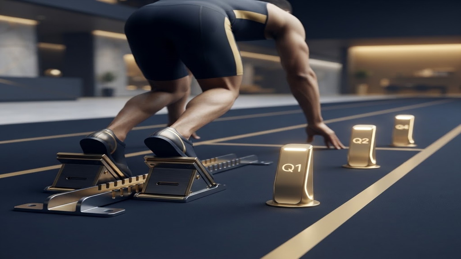 A 90-day sprint: starting blocks on a quarterly track with milestone markers, representing how companies convert strategic plans into focused quarterly execution.