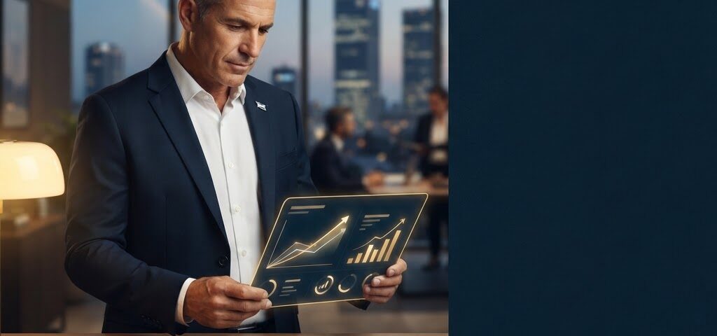 Measuring Coaching ROI hero image — a focused Israeli business owner examining a clean ROI scorecard with upward trend lines on a deep navy backdrop.