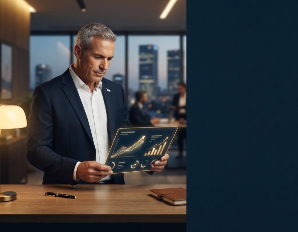 Measuring Coaching ROI hero image — a focused Israeli business owner examining a clean ROI scorecard with upward trend lines on a deep navy backdrop.