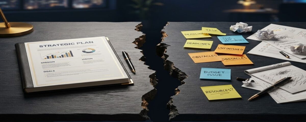 The execution gap: a strategic plan split in two — polished blueprint on one side, scattered unfinished tasks on the other, representing why plans fail in implementation.