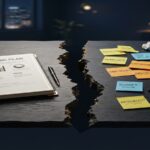 The execution gap: a strategic plan split in two — polished blueprint on one side, scattered unfinished tasks on the other, representing why plans fail in implementation.