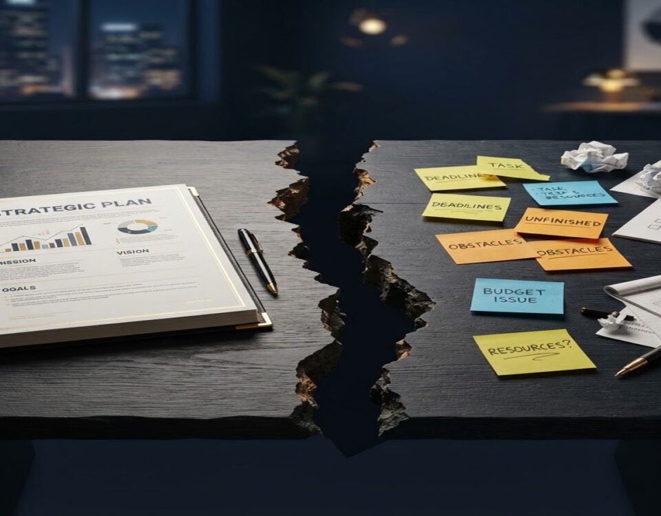 The execution gap: a strategic plan split in two — polished blueprint on one side, scattered unfinished tasks on the other, representing why plans fail in implementation.