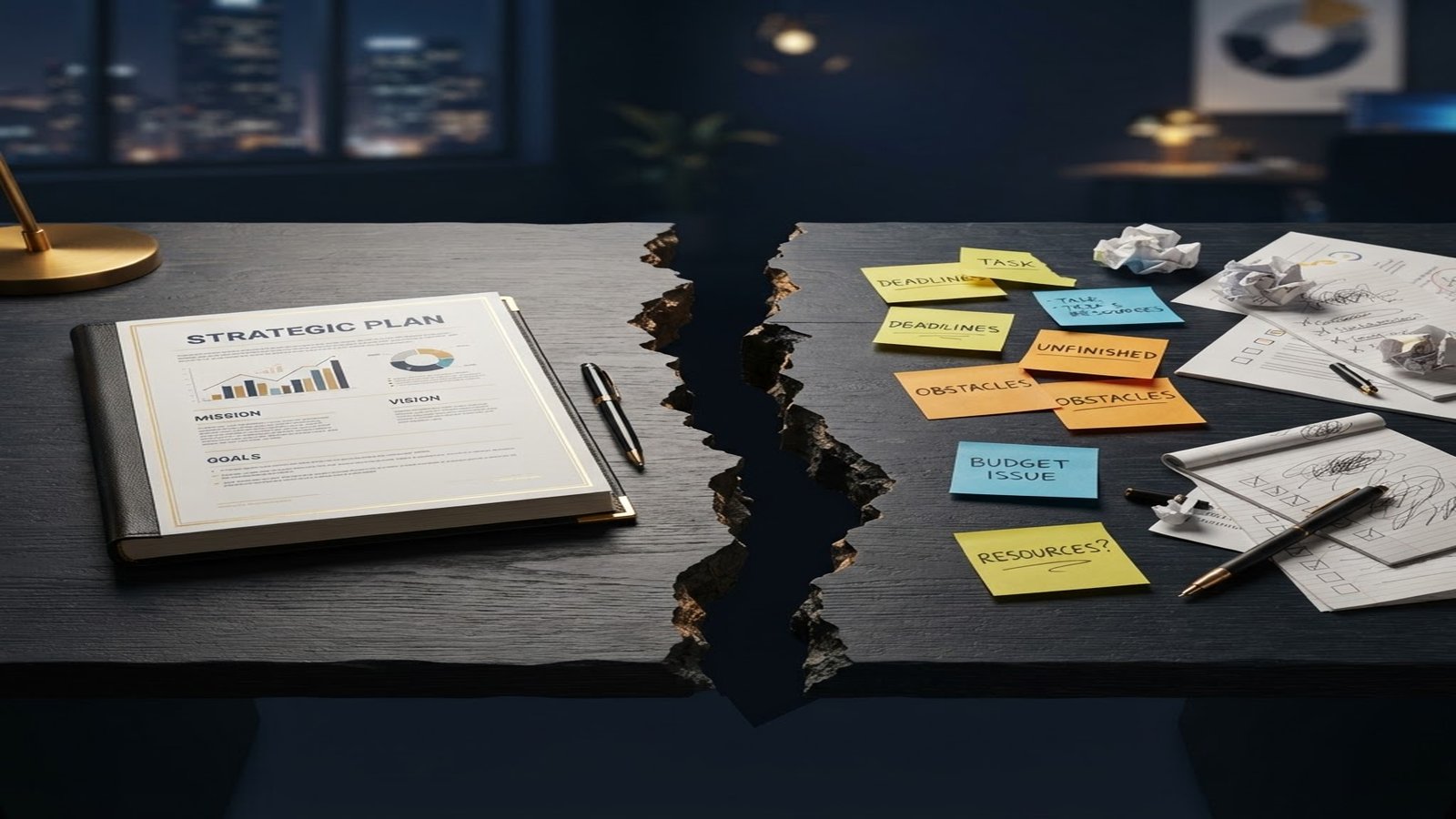The execution gap: a strategic plan split in two — polished blueprint on one side, scattered unfinished tasks on the other, representing why plans fail in implementation.