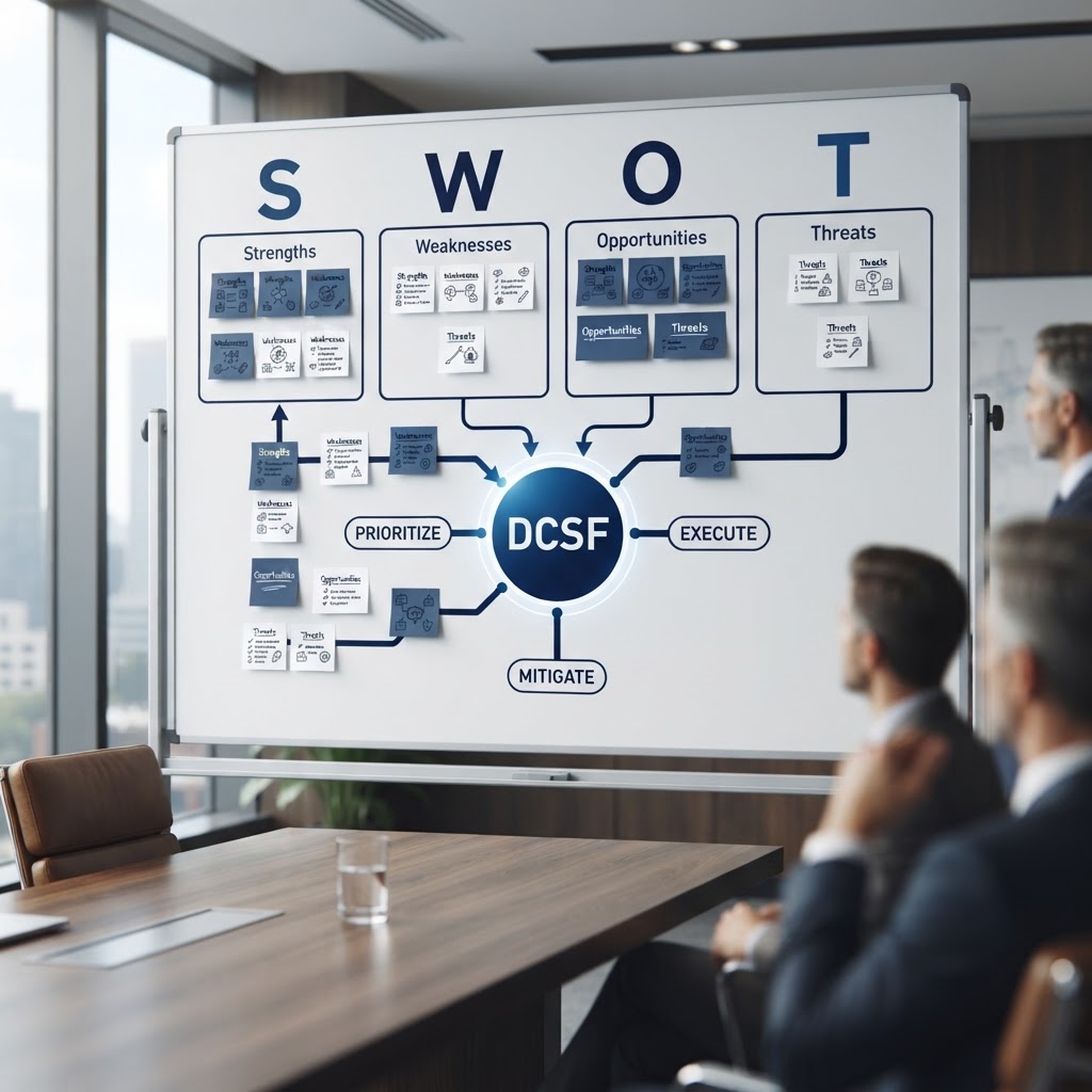 A SWOT analysis whiteboard with four quadrants labeled Strengths, Weaknesses, Opportunities, and Threats, with sticky notes being rearranged into a decision matrix that connects to a single critical success factor.
