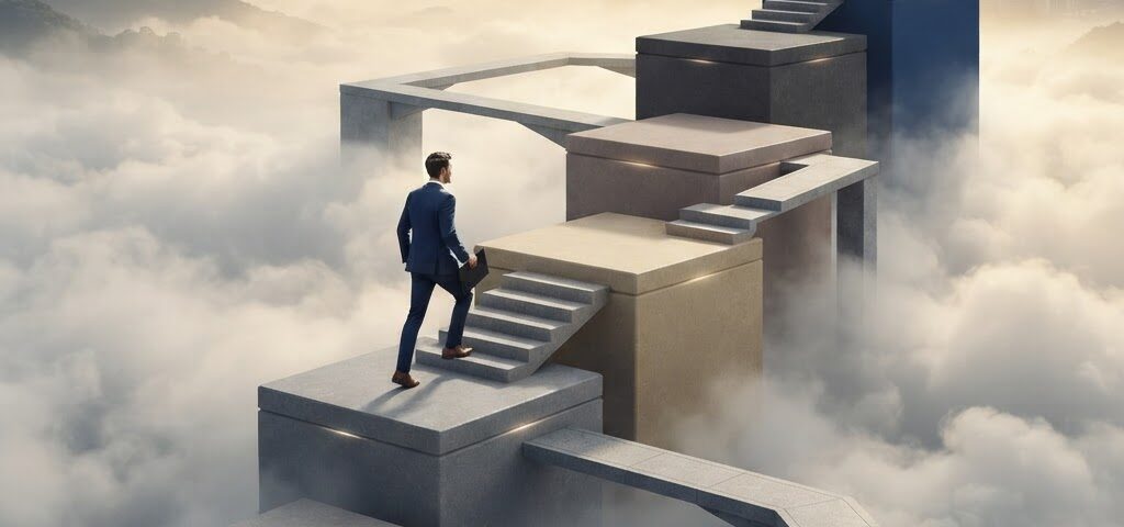 Seven ascending growth stages as a staircase of platforms rising through fog, representing stages of business growth