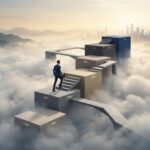 Seven ascending growth stages as a staircase of platforms rising through fog, representing stages of business growth