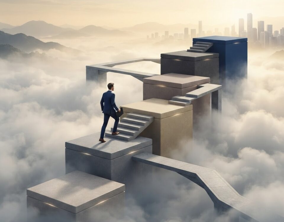 Seven ascending growth stages as a staircase of platforms rising through fog, representing stages of business growth