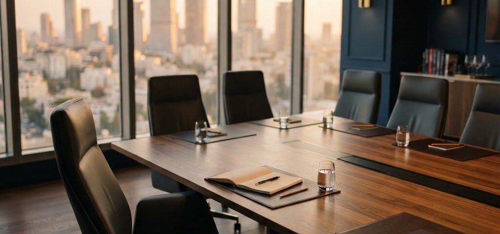 Empty leather chairs around an executive peer advisory board table with Tel Aviv skyline at golden hour — illustrating why peer boards fail without structural systems.
