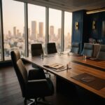 Empty leather chairs around an executive peer advisory board table with Tel Aviv skyline at golden hour — illustrating why peer boards fail without structural systems.