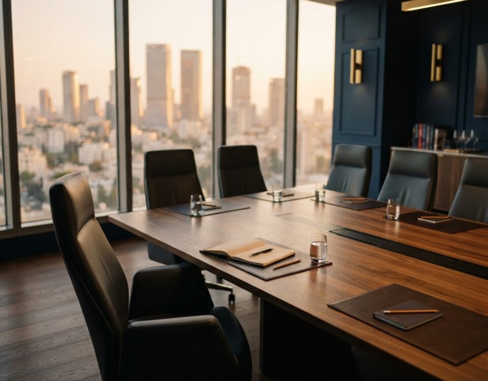 Empty leather chairs around an executive peer advisory board table with Tel Aviv skyline at golden hour — illustrating why peer boards fail without structural systems.