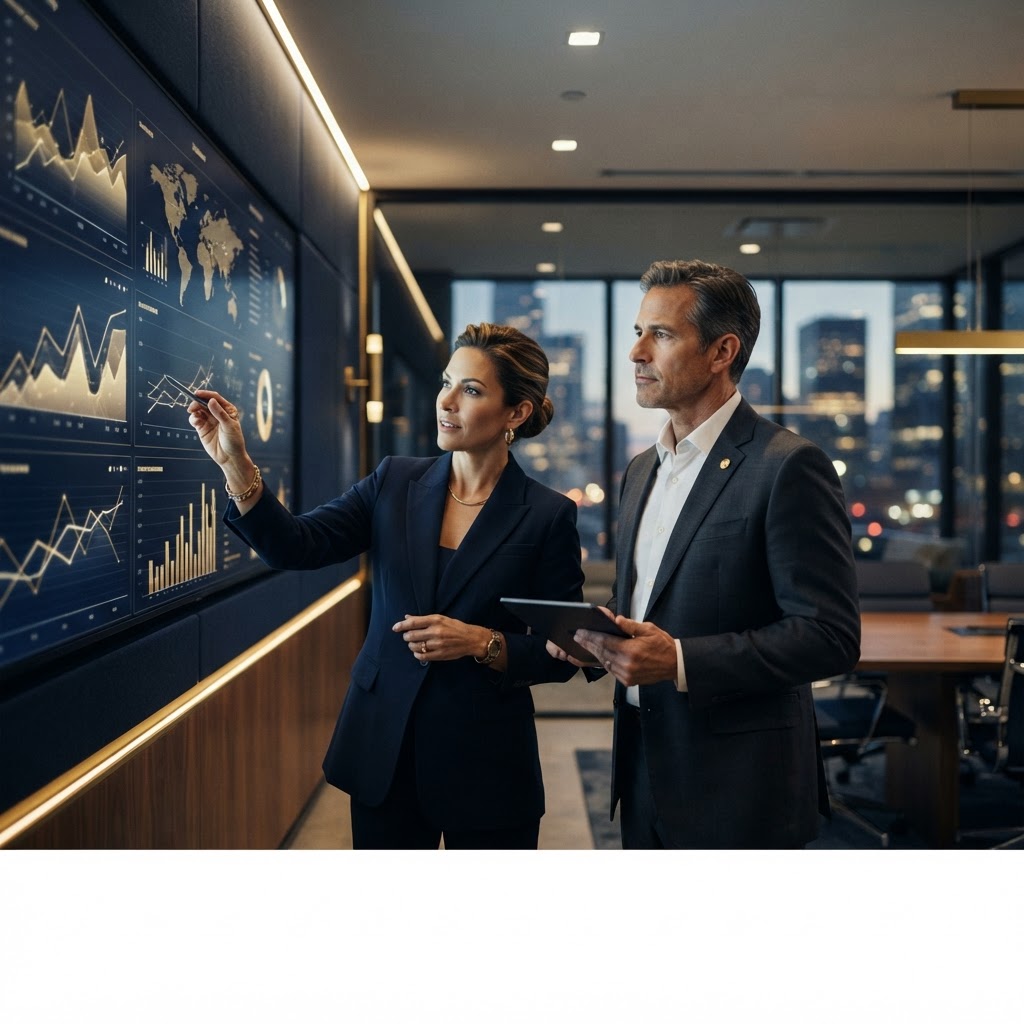 Business coach and CEO reviewing performance dashboards in an advisory session