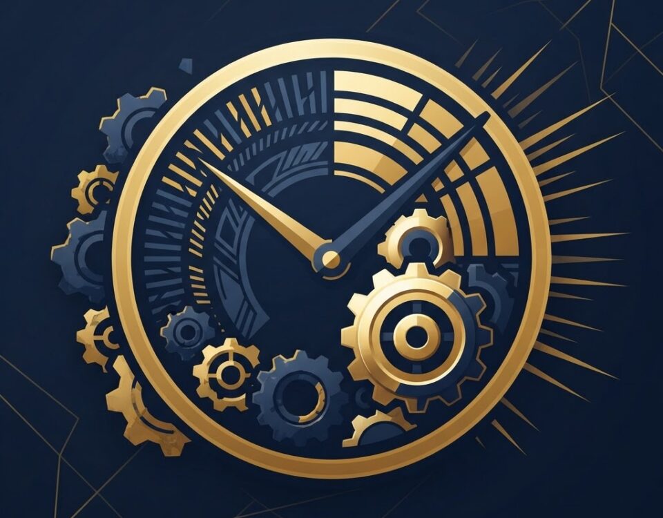 Decision velocity in business, speedometer concept with navy and gold